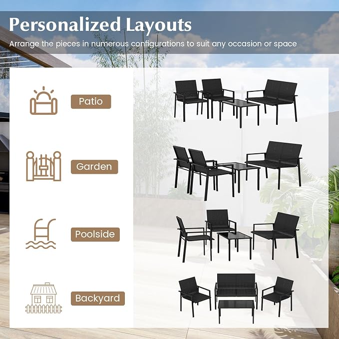HAPPYGRILL 8 Pieces Wicker Patio Conversation Set with Coffee Table, PE Rattan Chairs with Galvanized Metal Frame, Outdoor Table and Chairs Set for Small Space, Balcony, Poolside, Backyard (Black)