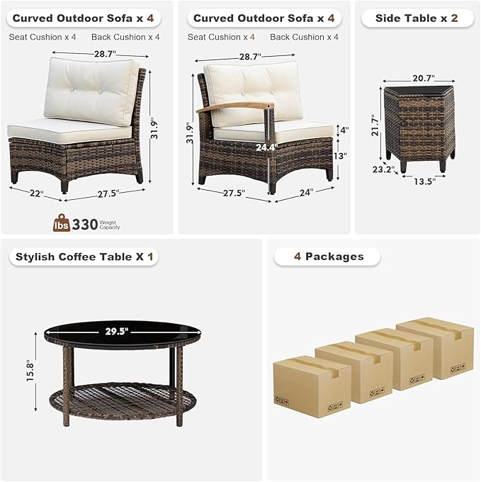 MEISSALIVVE 11-Piece Half-Moon Curved Outdoor Patio Furniture Set, Sectional Conversation Sofa with Wood Armrests, Coffee & Side Tables for Backyard Deck Garden, Beige