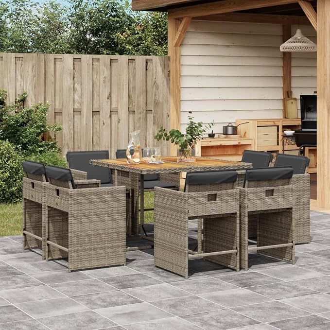 9 Piece Patio Dining Set with Cushions Gray Poly Rattan Outdoor Furniture Table Chairs Foldable Space Saving Backyard Garden