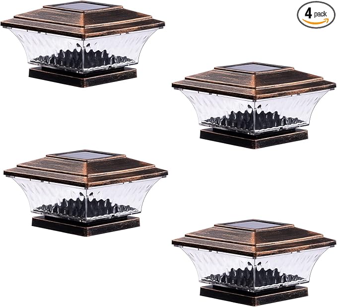HUYIENO Solar Post Cap Lights Outdoor LED Lighting Deck Fence Cap Light Two Light Modes Warm White/Bright White Suitable for 4x4 Wooden Posts Brushed Copper 4PK