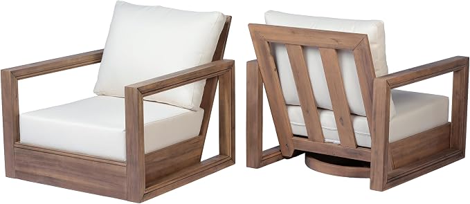 Christopher Knight Home 3-Piece Patio Swivel Chair Set with Side Table, Acacia Wood Outdoor Swivel Rocking Chairs with Cushions, Deep Seating Patio Chair & End Table for Porch Deck Garden, Brown+Beige