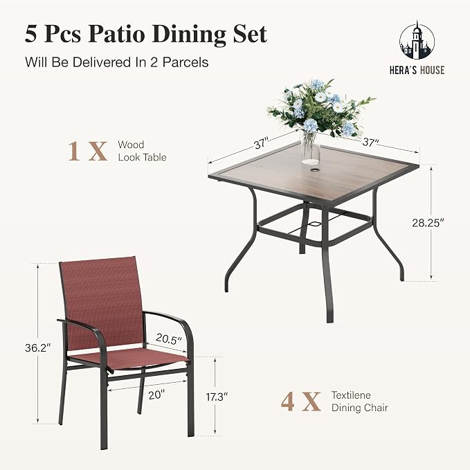 HERA'S HOUSE Patio Dining Set for 4, Wood-Look Metal Table, Red Chair | 37" outdoor square table + textilene chairs, All-weather, rust-resistant for Lawn Garden Backyard