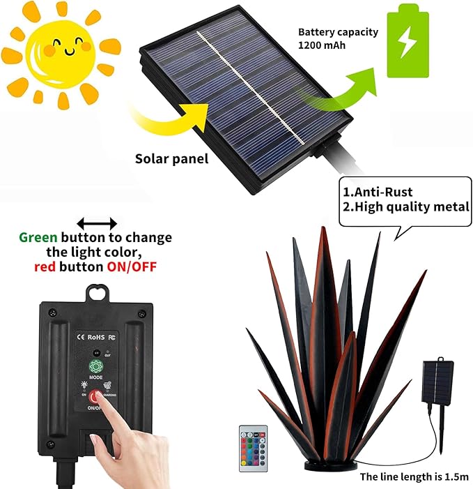 KODIBO 24" Large Metal Agave Plant Outdoor Decor with Solar Light, Black | Waterproof Solar Garden Light, Rust-Resistant Metal, Hand-Painted Finish, Tequila Rustic Sculpture, Desert Steel Yard Art