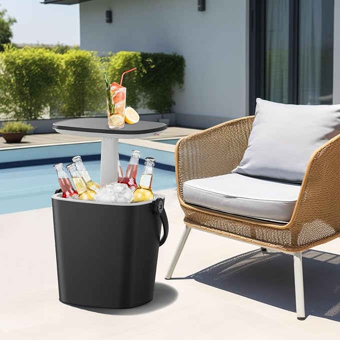 Outdoor Cooler Side Table, Drink Cooler Bar, Portable Ice Bucket, Lift Top Lid Beer and Wine Cool with Handle, Pop Up Patio Table (Black)