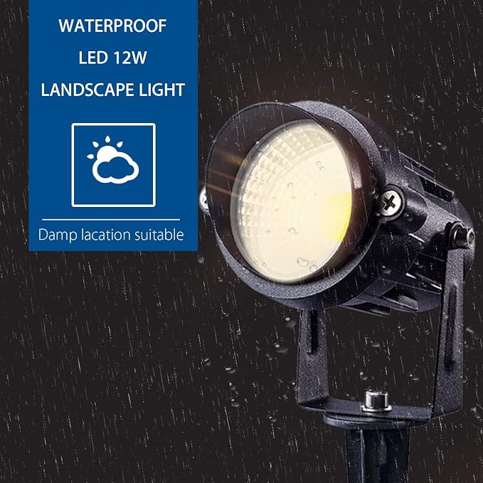 SUNVIE Outdoor Landscape LED Lighting 12W Waterproof Graden Lights COB Led Spotlights with Spiked Stand for Lawn Decorative Lamp US 3- Plug 6500K Daylight White (2 Packs)
