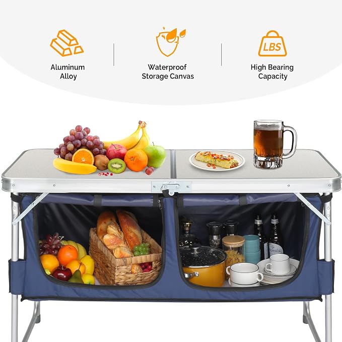 VINGLI 4 Ft Folding Camping Table with Storage, Aluminum Picnic Table, Adjustable Height for Outdoor Beach BBQ Backyards Travel Party White