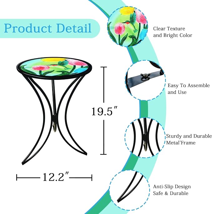 J-Fly 12 Inch Outdoor Side Table, Round Patio Accent Indoor End Table with Glass Top & Metal Base for Living Room, Office, Balcony, Tulip Hummingbird Indoor Furniture Christmas Decor(20" Height)