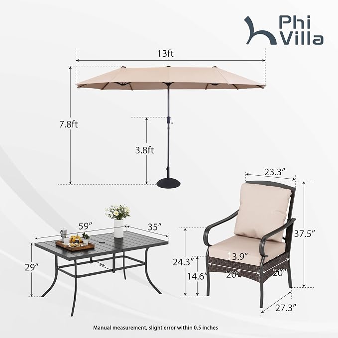 PHI VILLA Outdoor Dining Set for 6, All-Weather Patio Table and Chairs Set for 6 with Umbrella, Heavy Duty Rectangle Patio Table Set for Deck, 6 Large Outdoor Stationary Dining Chairs with Cushions