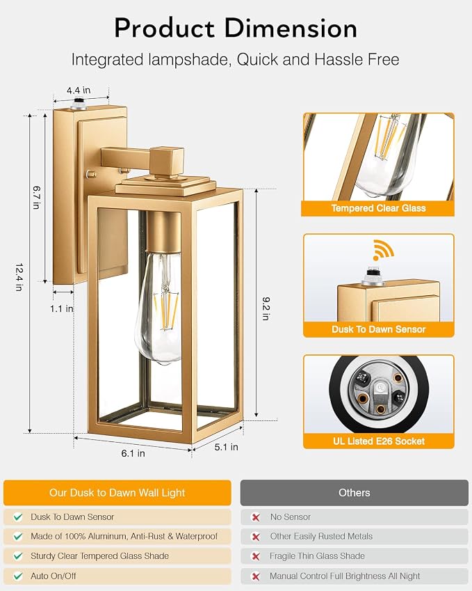 VIANIS Dusk to Dawn Outdoor Wall Lanterns, 2 Pack Golden Exterior Lighting Fixtures Wall Mount Sconces with Photocell Sensor, Waterproof Gold Porch Light Outside Garage Sconces Lamps for House Patio