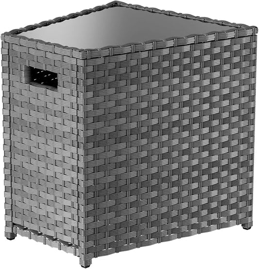 K Knowbody Glass Top Wicker Patio Side Table, Trapezoid PE Rattan End Table with Storage Outdoor Patio Furniture Table 20 inches high x 20 inches Wide 12 inches deep