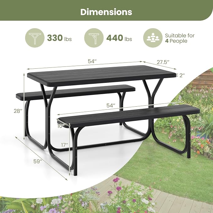 S AFSTAR Picnic Table, 59” Plastic Picnic Table with Benches, Steel Frame & Wood-Like Texture Tabletop, Expanded Rectangular Camping Table Chair Set for Garden Patio Lawn Deck (Black)