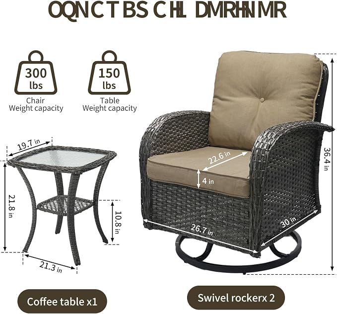SHGJ&SOFT 3 Piece Patio Furniture Set, 2 Outdoor Swivel Rocking Chairs with Side Table, Wicker Glider Chairs, All-Weather Rattan Bistro Set for Porch, Deck, Pool (Brown, Grey Full-Weave Rattan)