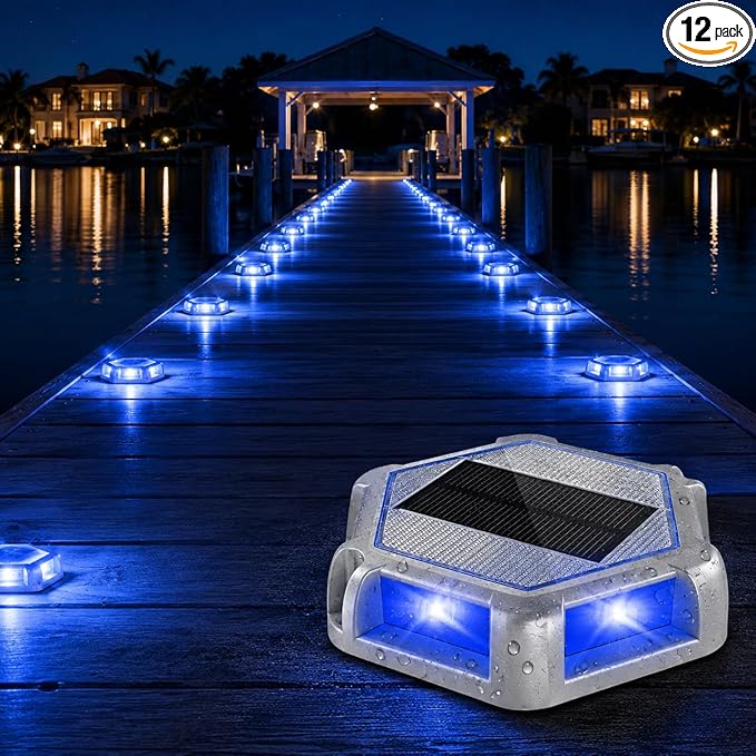 Solar Dock Lights Outdoor Waterproof, 12 Pack Blue LED Solar Driveway Lights with Aluminum Housing, Solar Deck Lights for Dock, Marina, Driveway Marker, Pathway, Step, Yard