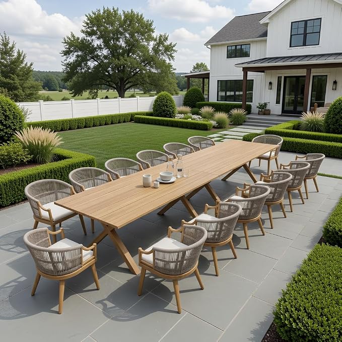 PURPLE LEAF 16 Pieces Outdoor Dining Set All Weather Wicker Patio Dining Set with Rectangular Aluminum Table and Modern Armrest Dining Chairs for Garden Deck Backyard Kitchen, Teak