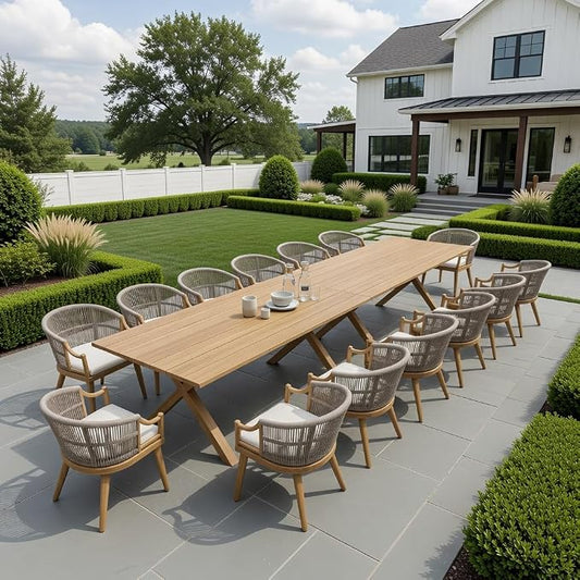 PURPLE LEAF 16 Pieces Outdoor Dining Set All Weather Wicker Patio Dining Set with Rectangular Aluminum Table and Modern Armrest Dining Chairs for Garden Deck Backyard Kitchen, Teak