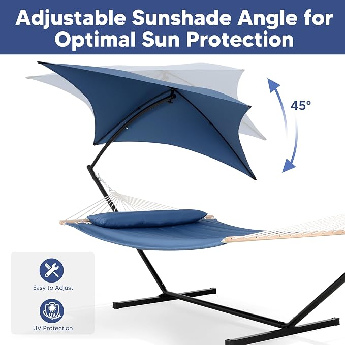 SUNCREAT Hammocks for Outside with Stand, Sunshade, Porch Hammock and Stand, 475 lbs Capacity, Patent Pending, Navy
