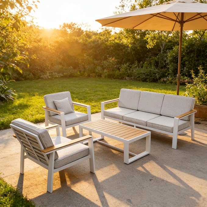 Aluminum Patio Furniture Set, Modern Metal Outdoor Conversation Sectional Sofa with Washable Thick Cushions, Coffee Table and Waterproof Cover (White, 1088-5seat)
