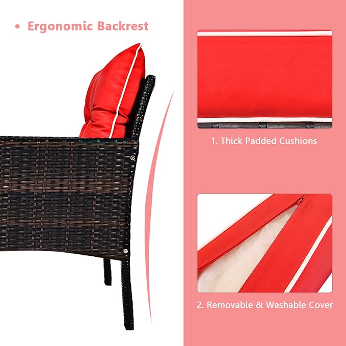 DORTALA 5 Pieces Patio Furniture Set, Outdoor Rattan Conversation Set with Cushions, Glass Table, Ottomans & Chairs, Wicker Sofa Set Backyard Porch Garden Balcony, Red