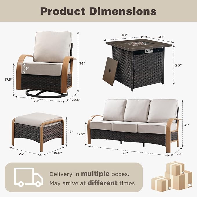 Belord 6 Piece Patio Furniture Set with Fire Pit Table,All Weather Conversation Set with 6-Inch Thick Cushions,Wicker Swivel Rocker Chairs and 3 Seater Wicker Sofa for Deck Proch Pool Garden Backyard