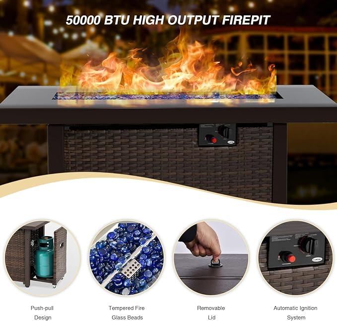 9 Pieces Patio Furniture Set with 44" Fire Pit Table, Rattan Outdoor Sectional Conversation Sets, All Weather Outdoor Furniture Set with Cushions for Garden Lawn Balcony Porch Deck Black