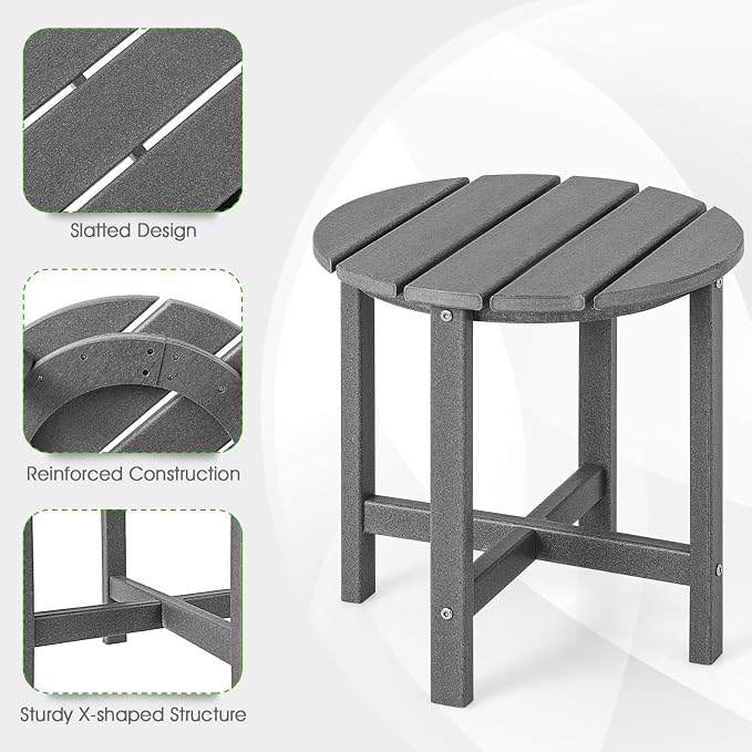 Tangkula Round Outdoor Side Table, 18 Inch Weather Resistant HDPE Adirondack Table, Outdoor Indoor Chairside End Tables, Patio Side Table for Lawn Garden Balcony Backyard, Easy Assembly (1, Gray)