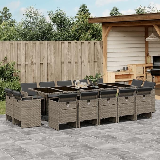 15-Piece Patio Dining Set with Cushions Gray Poly Rattan Outdoor Furniture Set for Garden Backyard Balcony