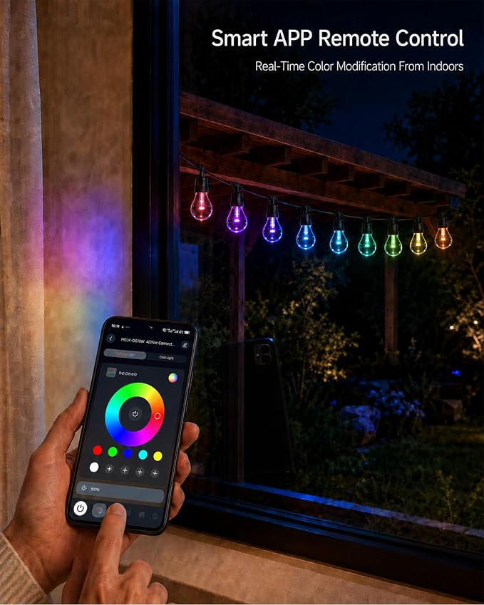 Outdoor String Lights 27FT, Smart RGBW IC Color Changing Patio Lights with 10 Dimmable LED Bulbs, App & RF Remote, IP65 Waterproof Shatterproof