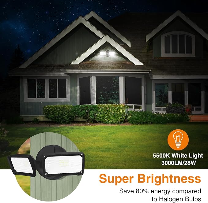 LEPOWER 28W Flood Lights Outdoor - 3000LM Brightness LED Security Lights | Switch Controlled Wall Mount Exterior Flood Light with 2 Heads, 5500K, IP65 Waterproof for Garage, Yard, Porch, Garden, Balck