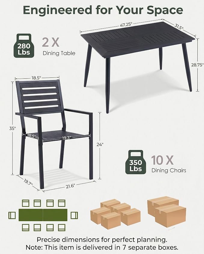 12 Piece Outdoor Dining Set All Weather Patio Dining Set with HDPE Wood-Like Tabletop, Rustproof Metal Outdoor Table and Chairs with 10 Stackable Chairs for Garden Backyard, Black