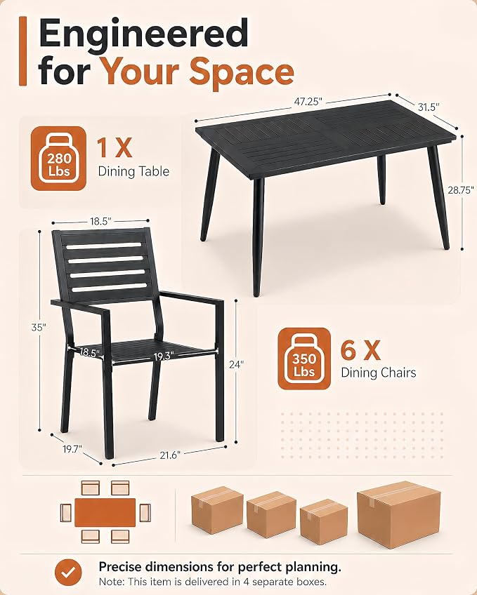 7 Piece Outdoor Dining Set All Weather Patio Dining Set with HDPE Wood-Like Tabletop, Rustproof Metal Outdoor Table and Chairs with 6 Stackable Chairs for Garden Backyard, Black