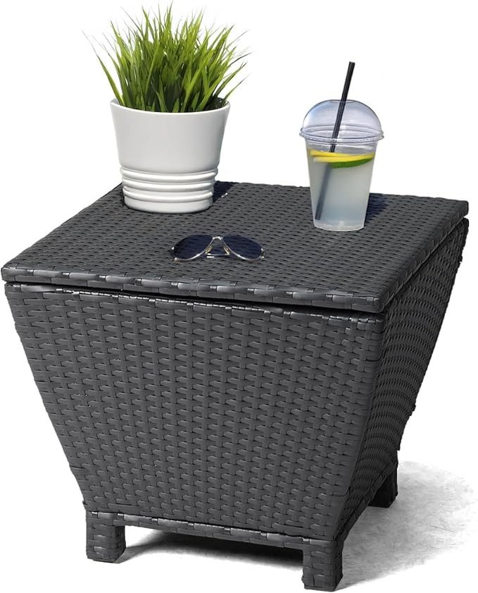 HOMSUPPLIE'S 13 Gallon Outdoor Side Table with Storage Space, Waterproof Wicker Patio Deck Box, Rattan End Table with Hidden Storage for Pool Towels, Toys & Garden Tools(Black,Trapezoid)