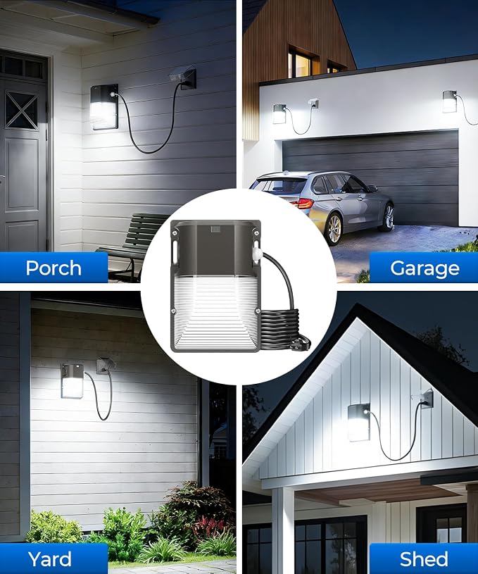 CINOTON 30W LED Wall Pack Light, 6Ft US-Plug, Dusk to Dawn Sensor, 2 Pack | 120Vac, IP65 Waterproof, 6Ft US-Plug, 3600LM, Hardwired Installation, UL Listed, Garage and Porch Security Use