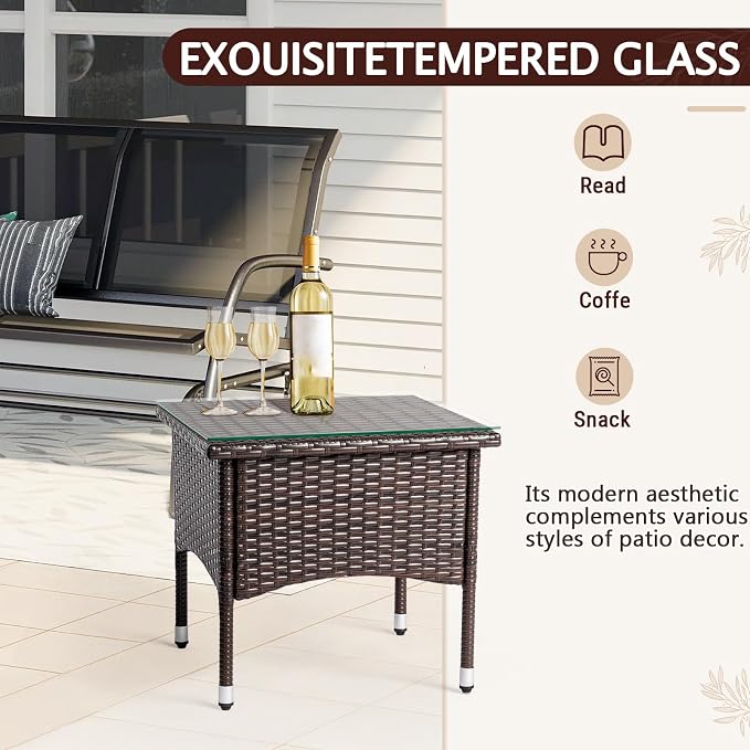 20 inch Patio Side Table, Outdoor Patio Wicker Square End Table with Adjustable Feet Pads and Double Storage Layer, All-Weather Rattan Coffee Tables Porch Furniture for Backyard Poolside Garden