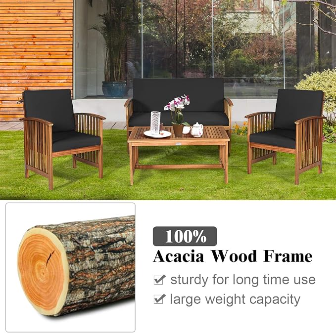 Tangkula 8 PCS Outdoor Acacia Wood Sofa Set with Water Resistant Cushions, Padded Patio Seating Chat Set w/Coffee Table for Garden, Backyard, Poolside (2, Black)