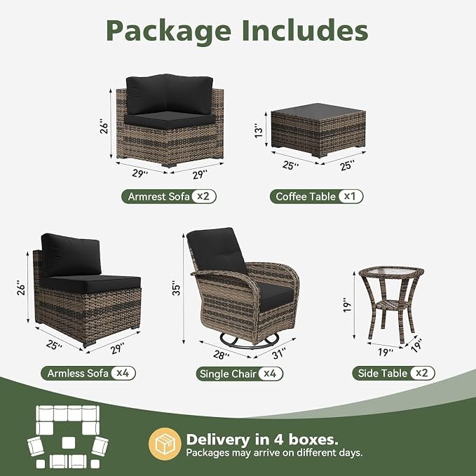 Aoxun 13 Piece Outdoor Patio Furniture Set with Coffee Table, Wicker Rattan Outdoor Furniture with High Back Swivel Rocker Chairs, Outdoor Conversation Set with Thick Cushion & Side Table, Black