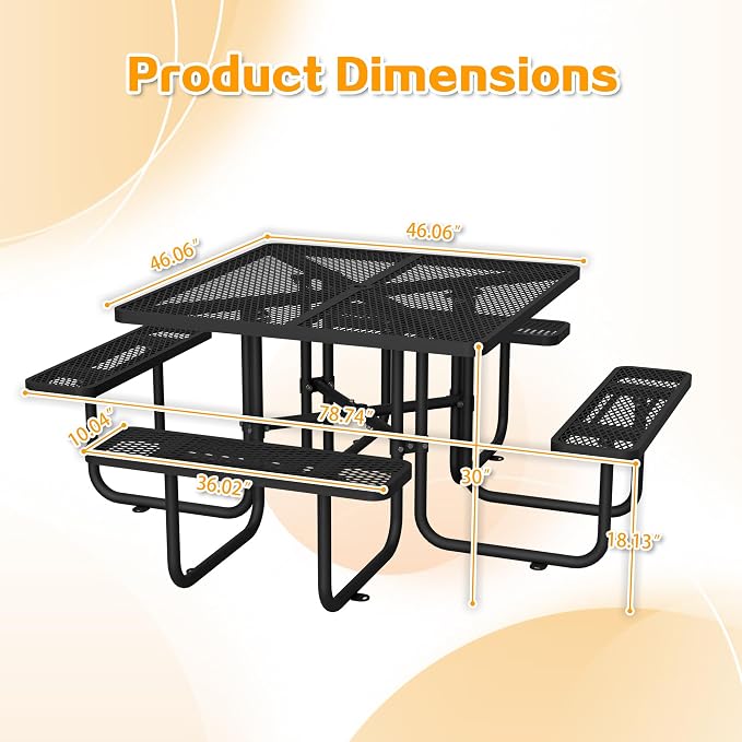 Square Outdoor Metal Coffee Picnic Table for Patio, Backyard, Garden and DIY (Includes 4 Built-in Benches) - Black