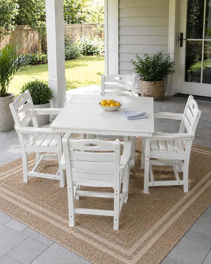 WILLIAMSPACE 37.8" Outdoor Patio Dining Set with 4 Armchairs, All Weather HDPE Square Dining Table with Umbrella Hole, Patio 5-Piece Bistro Set for Backyard, Balcony, Lawn, Kitchen (White)