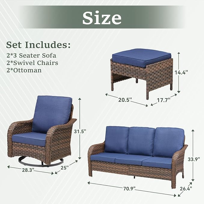 6 PCS Patio Furniture Set, 2 Outdoor Wicker Sofas & 2 Swivel Rocking Chairs with 2 Ottomans, 4-Inch Thick Olefin Cushions, 300 lbs Capacity Rattan Conversation Set for Porch, Blue