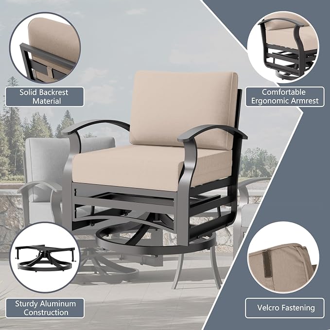 Aluminum Outdoor Patio Furniture Set,7 Seats Patio Conversation Sets with 2 Ottomans,Metal Patio Sectional Furniture Set with 2 Swivel Rocking Chairs,Sand
