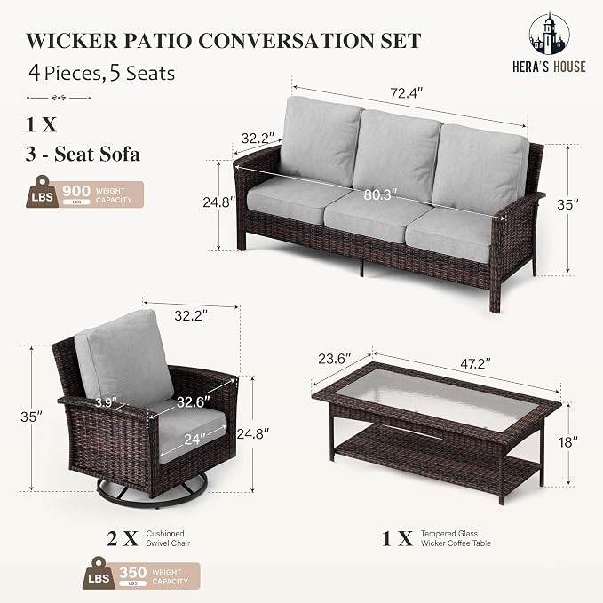 HERA'S HOUSE Gray Patio Furniture Set with High Back Swivel Chairs, Comfy Outdoor Wicker Conversation Sofa Sets with 5.5" Waterproof Cushions for Deck Lawn Backyard