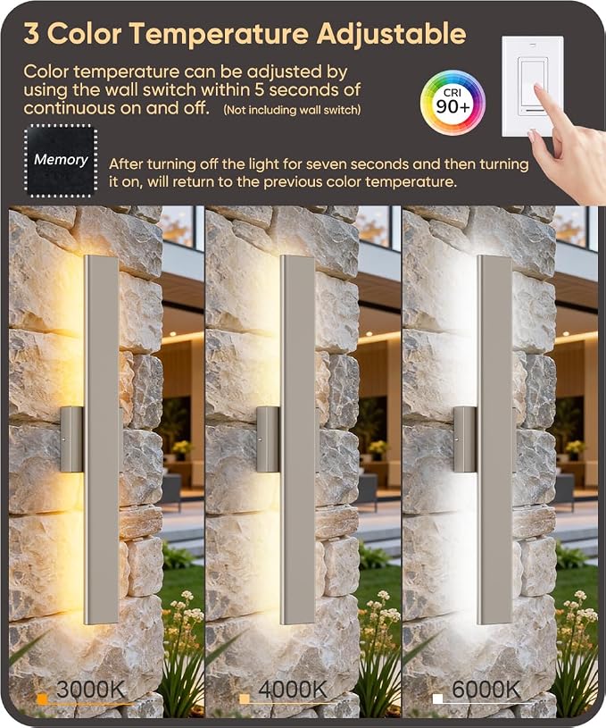 Aipsun 2 Packs Nickel Outdoor Wall Light 23.6inch Modern LED Exterior Wall Sconce, Long LED Linear Exterior Lights 3000K 4000K 6000K for Entrance, Hallway, Garage, Porch(3CCT)