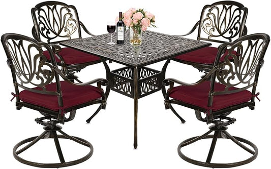 MEETWARM 5-Piece Outdoor Patio Dining Set, All-Weather Cast Aluminum Patio Conversation Set for Backyard Garden Deck with 4 Cushions Swivel Rocker Chairs and 35.4" Square Table, Chili Red