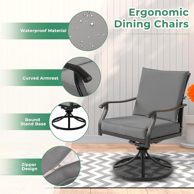 LVUYOYO 5-Piece Outdoor Patio Dining Set, Metal Swivel Chairs & Square Table Set, All-Weather Furniture for Backyard, Garden,Balcony,Porch (Gray)