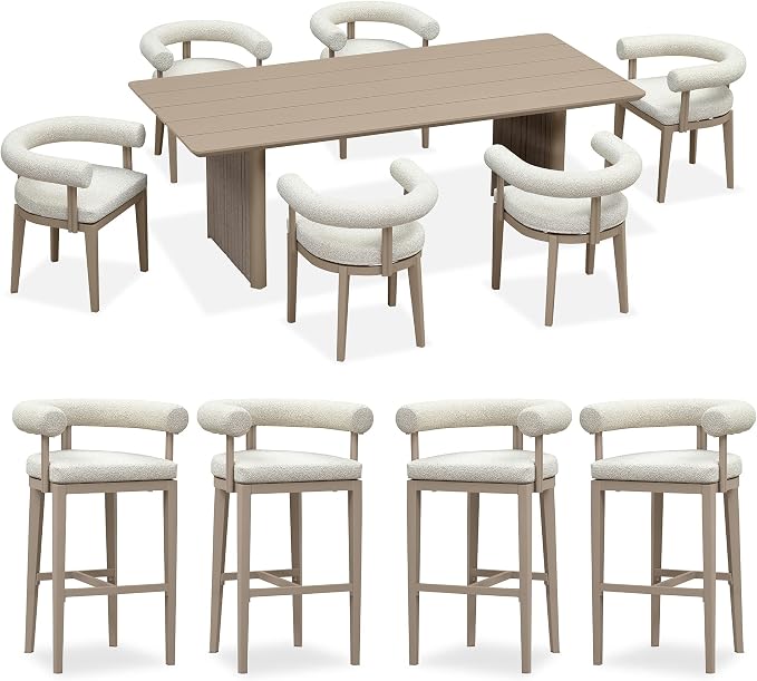 PURPLE LEAF 7 Pieces Patio Dining Set with Tall Bar Stools, Seamless Table | Wraparound Backrests, Textured Olefin Fabric, Cushioned Armrest, Aluminum, Hand-Braided Rope Table Base, Earth-Tone Palette