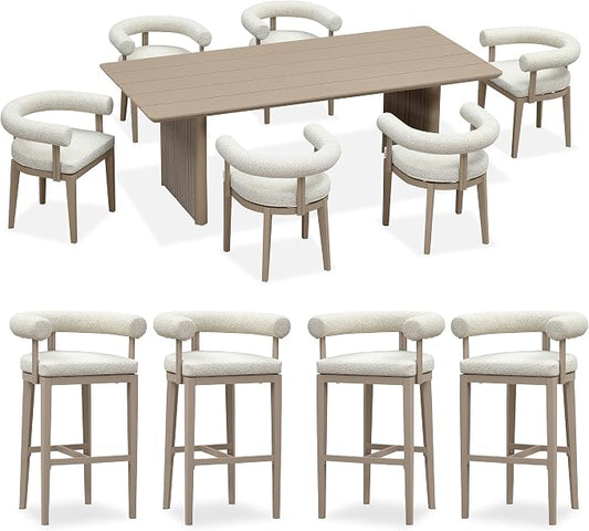 PURPLE LEAF 7 Pieces Patio Dining Set with Tall Bar Stools, Seamless Table | Wraparound Backrests, Textured Olefin Fabric, Cushioned Armrest, Aluminum, Hand-Braided Rope Table Base, Earth-Tone Palette