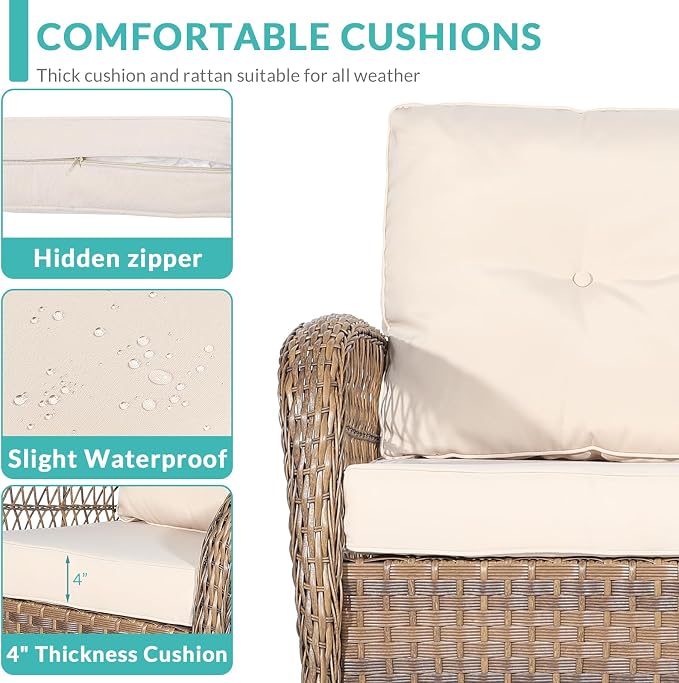 MEETWARM 7 Pieces Outdoor Patio Rattan Furniture Sets, All Weather Patio Wicker Conversation Set- 2 Rocking Glider, 2 Swivel Chairs, 1 Loveseat Glider with Cushions, 2 Glass-Top Coffee Table, Beige