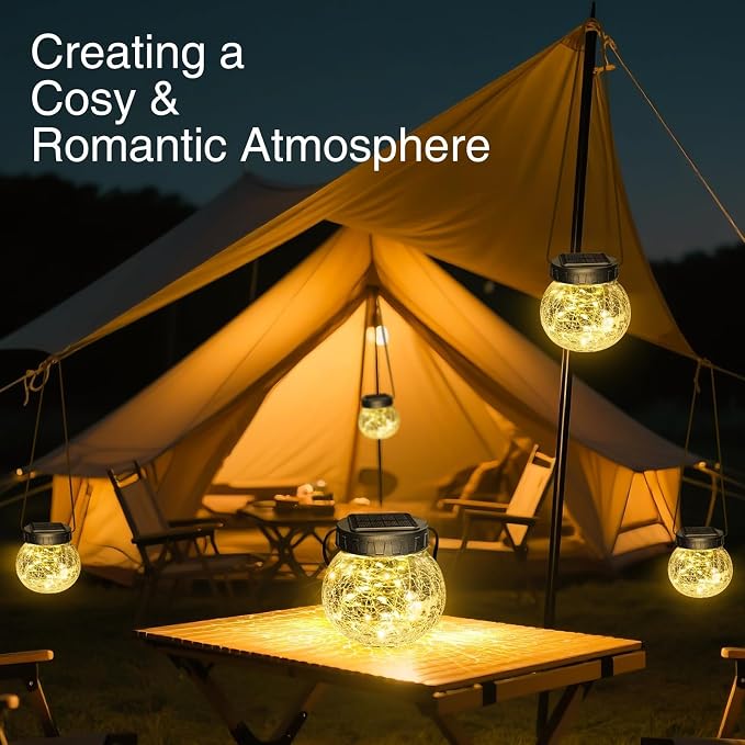 Kolpop 4 Pack Hanging Solar Lights for Outside, Cracked Glass Solar Lanterns Lights Outdoor Waterproof ,30 LED Hanging Globes Lights for Christmas Decoration, Shepherd Hook, Warm White