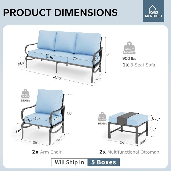 MFSTUDIO 5 Pieces Patio Conversation Sets,Outdoor Metal Furniture Sofas with 1 x 3-Seat Sofa, 2 x Sofa Chairs,2 x Ottoman,Wrought Iron Frame with Blue Cushion for Patio Courtyard Balcony