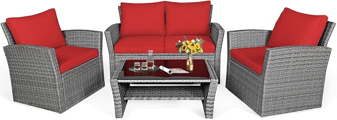 HAPPYGRILL 4 Piece Patio Rattan Furniture Set Outdoor Conversation Set with Cushions and Coffee Table, Sectional Wicker Sofa Set for Garden Porch Balcony Poolside