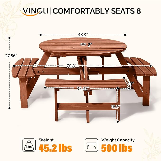 VINGLI 8-Person Wood Picnic Table Outdoor Round Picnic Table with Umbrella Hole and 4 Built-in Benches, Outdoor Dining Tables and Chairs 500 LBS Bench Capacity (Brown, Round)